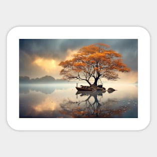 Tree In Calm Lake Serene Landscape Sticker